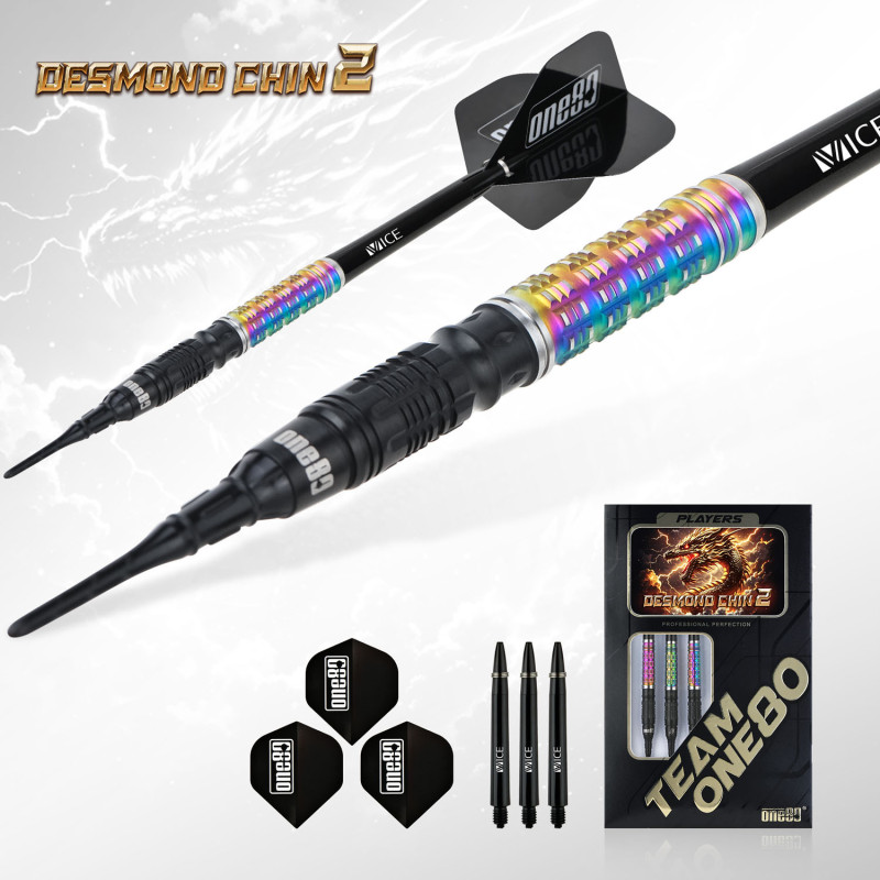 le jeu de flechette pointe nylon desmond chin v2 noir et arc en ciel elek one80 en 20g