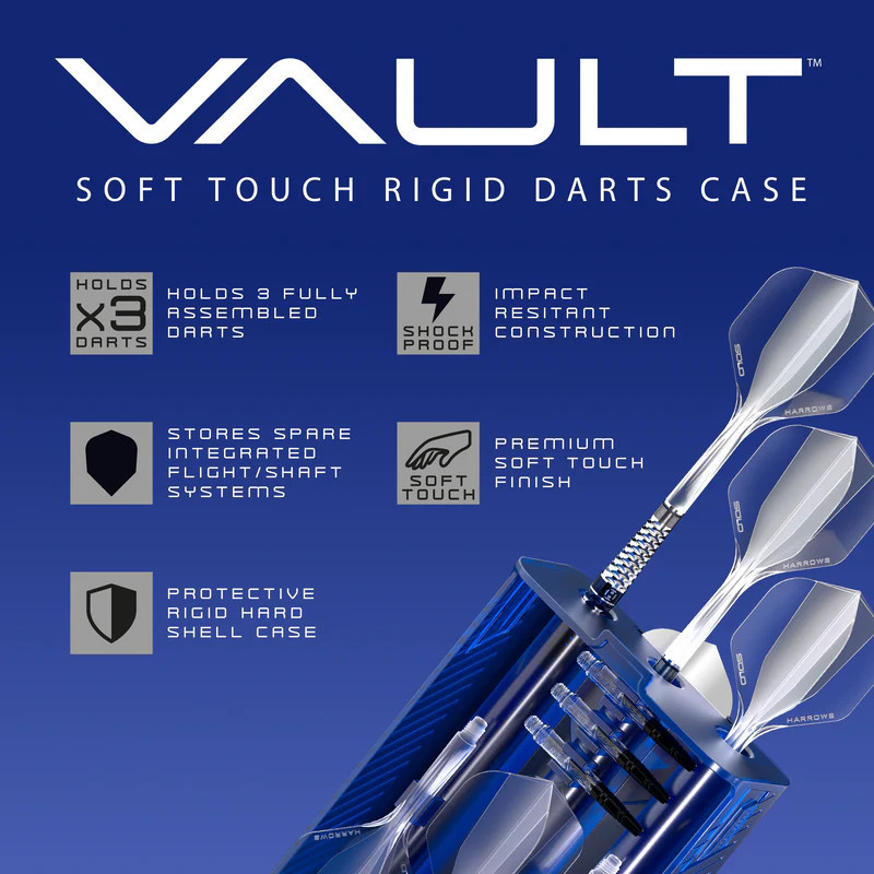 l'etui vault darts bleu de harrows permet de ranger 1 jeu de flechettes