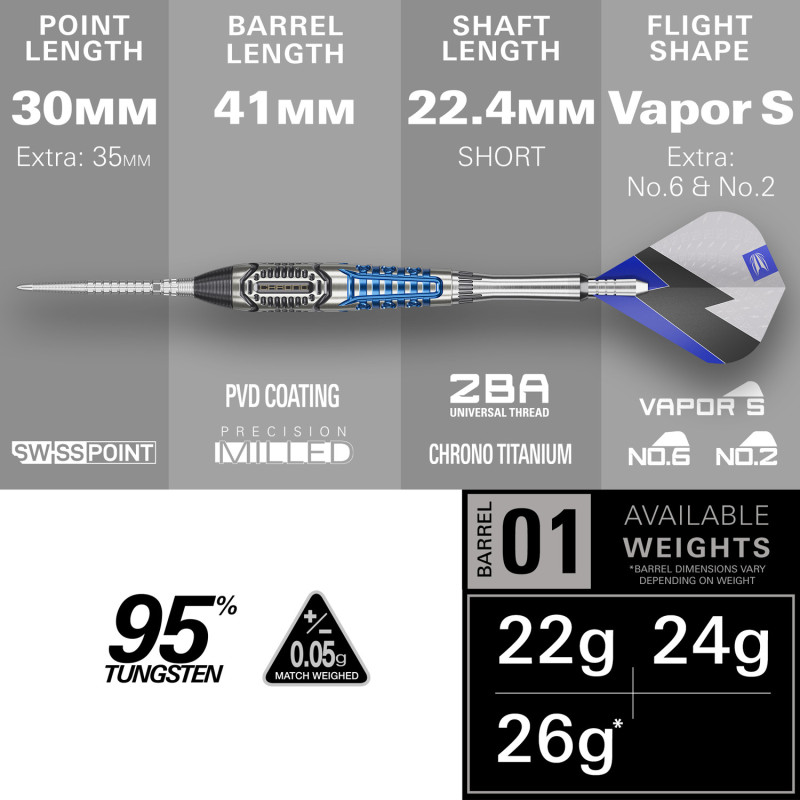 jeu de flechettes pointe acier Phil Taylor Power Chrono SP Target en 22g avec le système swiss point